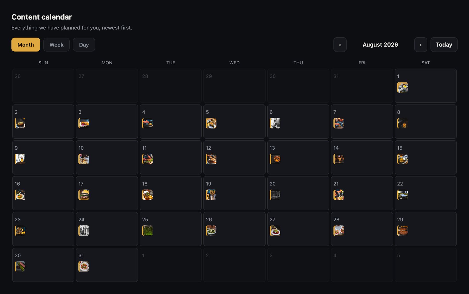 The Kitchen Window client portal showing a month of scheduled posts, each day
              with the photograph planned for it.