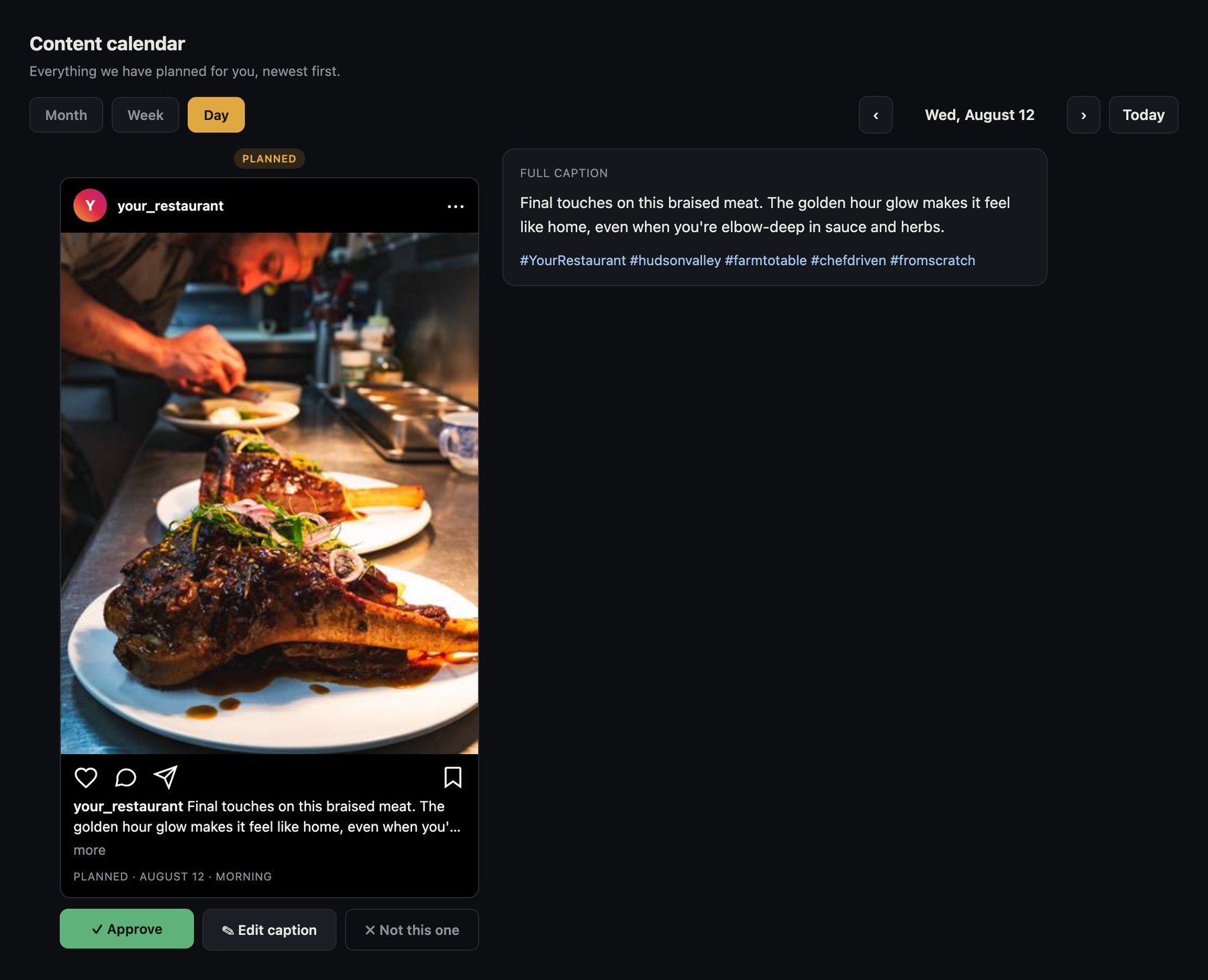 A single day in the portal: the post previewed as an Instagram card beside its
            full caption and hashtags.